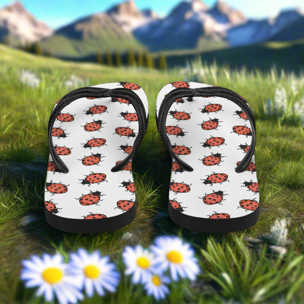 WildSage Market ladybug print flip-flops featuring a fun design with vibrant red ladybugs on a white background
