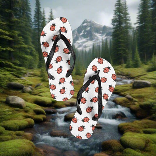 WildSage Market ladybug print flip-flops featuring a vibrant design perfect for summer outings