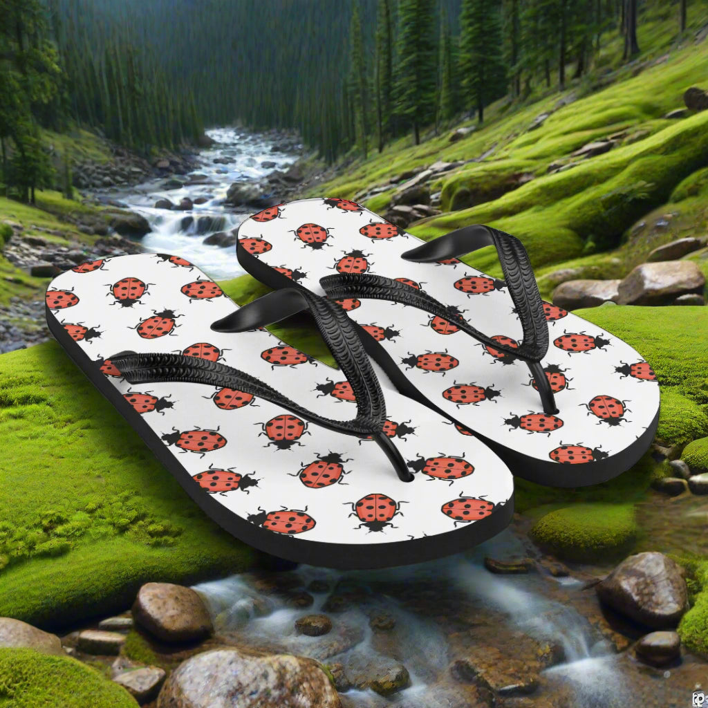Ladybug print flip-flops with black straps on a scenic forest background