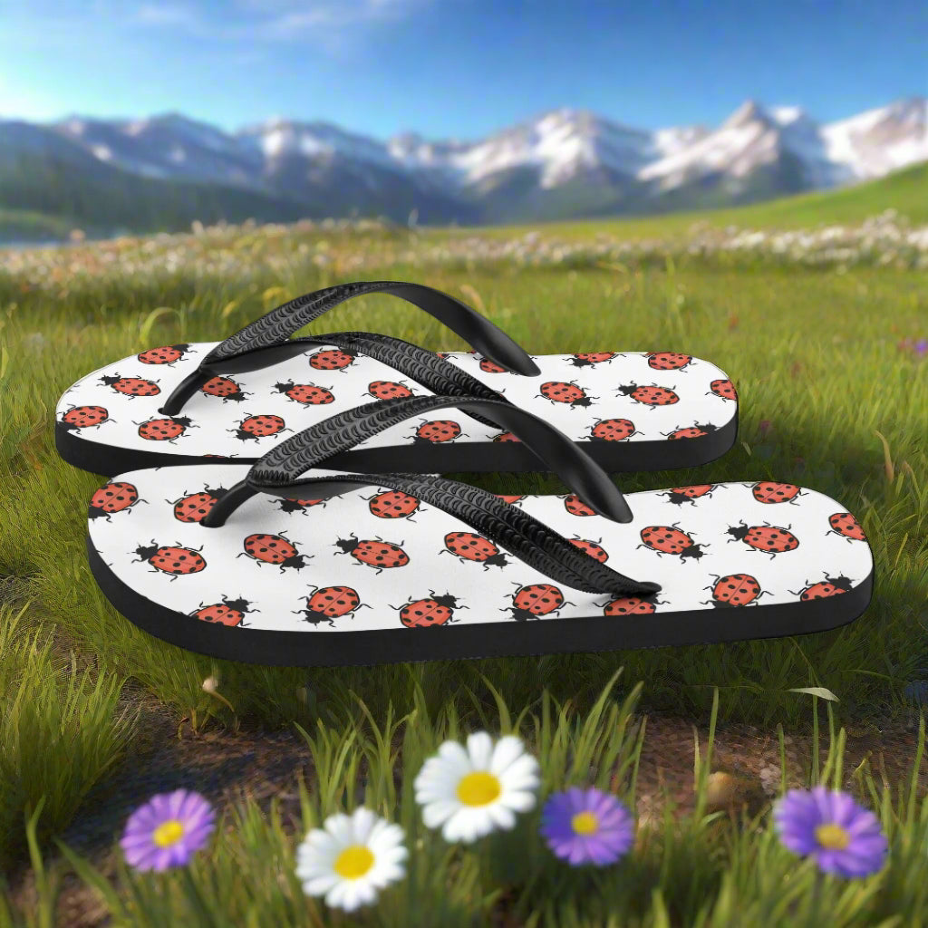 WildSage Market ladybug print flip-flops with black straps on a grassy field
