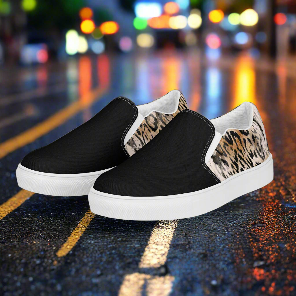Leopard Two Tone Slip-on Canvas Shoes by WildSage Market with stylish black and leopard print design