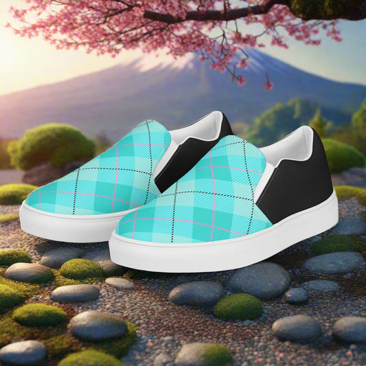 Light Green Plaid Halftone Slip On Shoes by WildSage Market with white soles and black heel panels