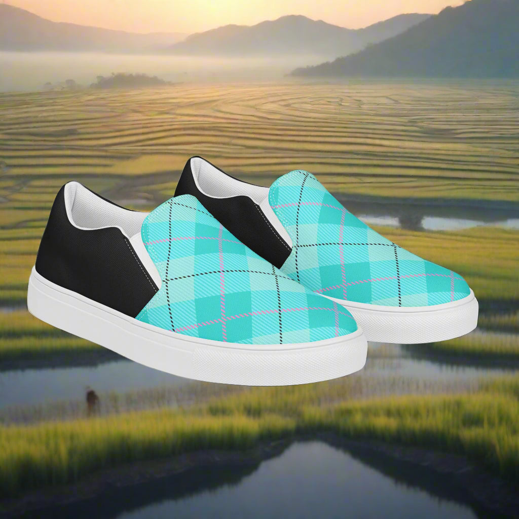 WildSage Market Light Green Plaid Halftone Slip On Shoes with white soles and black heel accents