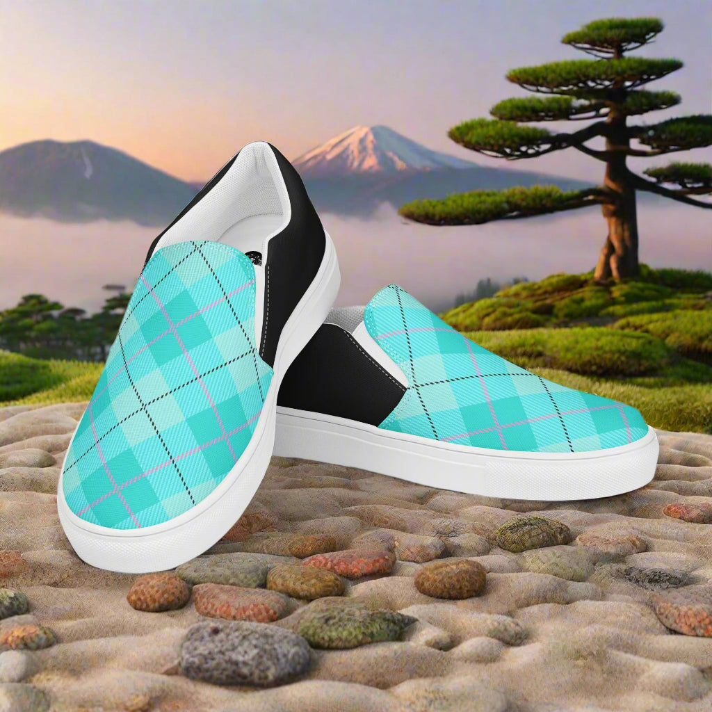 Light Green Plaid Halftone Slip On Shoes by WildSage Market with white soles and black accents