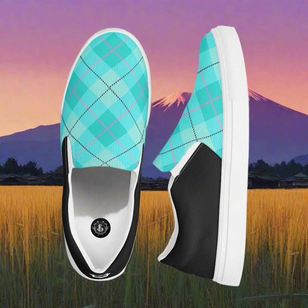WildSage Market Light Green Plaid Halftone Slip On Shoes with white soles and black sides