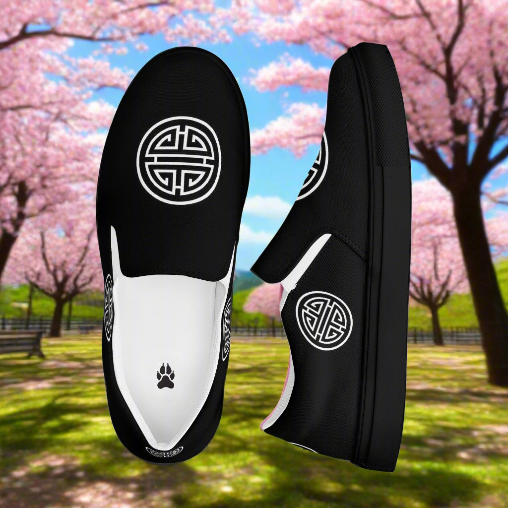 Stylish WildSage Longevity Black Slip-on Canvas Shoes with unique logo design for casual wear