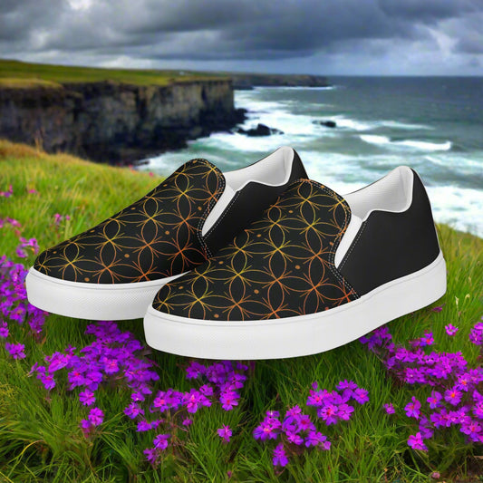 Luna Black Halftone Slip-on Canvas Shoes featuring a stylish design on a scenic background