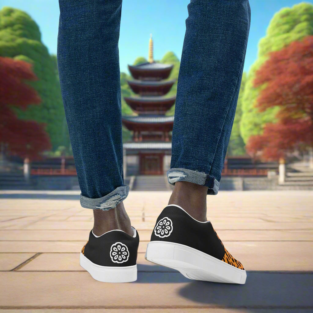 Mens Cheetah Halftone Slip on Canvas Shoes by WildSage Market worn with rolled jeans outdoors