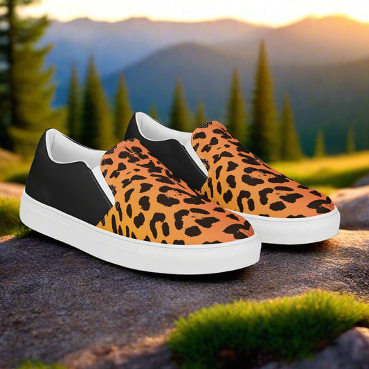 WildSage Market Mens Cheetah Halftone Slip on Canvas Shoes with white soles and black heel area