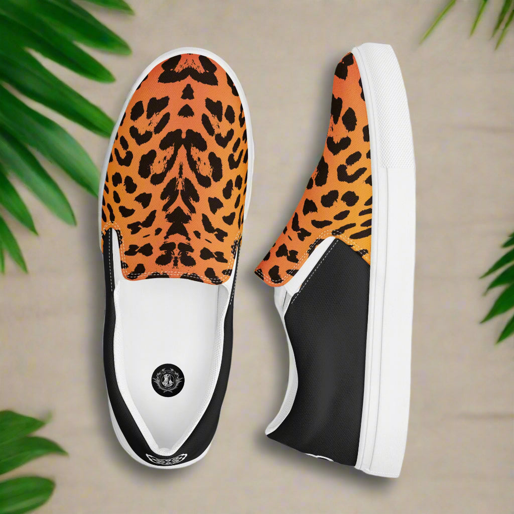 WildSage Market Mens Cheetah Halftone Slip on Canvas Shoes with black and orange cheetah print design