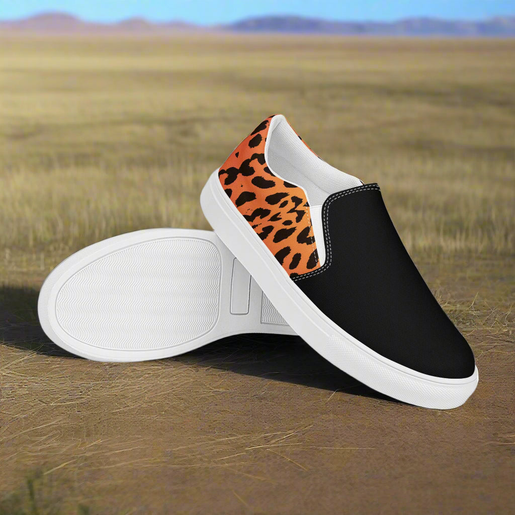 Mens Cheetah Two Tone Slip on Canvas Shoes with black front and animal print back by WildSage Market