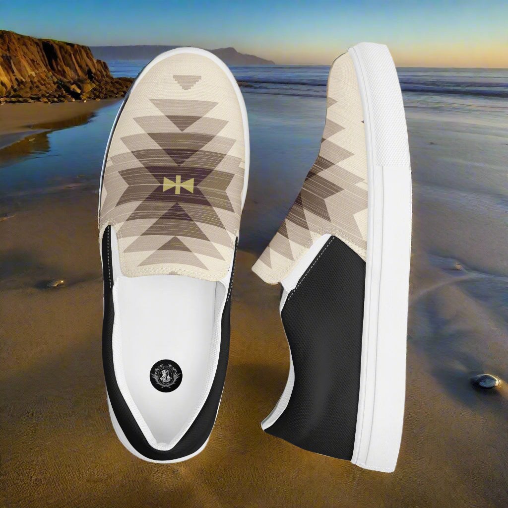 WildSage Market mens slip-on canvas shoes in a geometric pattern with black accents for casual wear