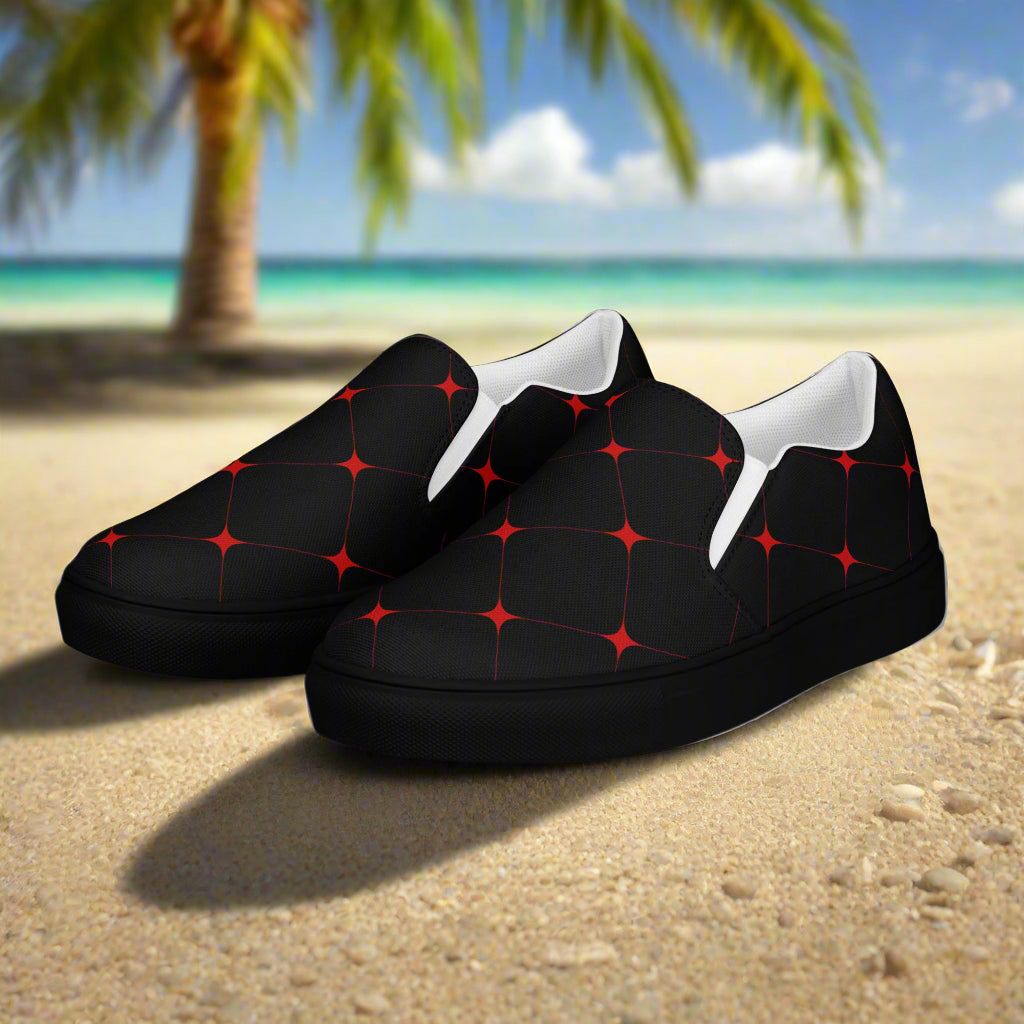 Men's custom black canvas slip on shoes with a red diamond geometric pattern