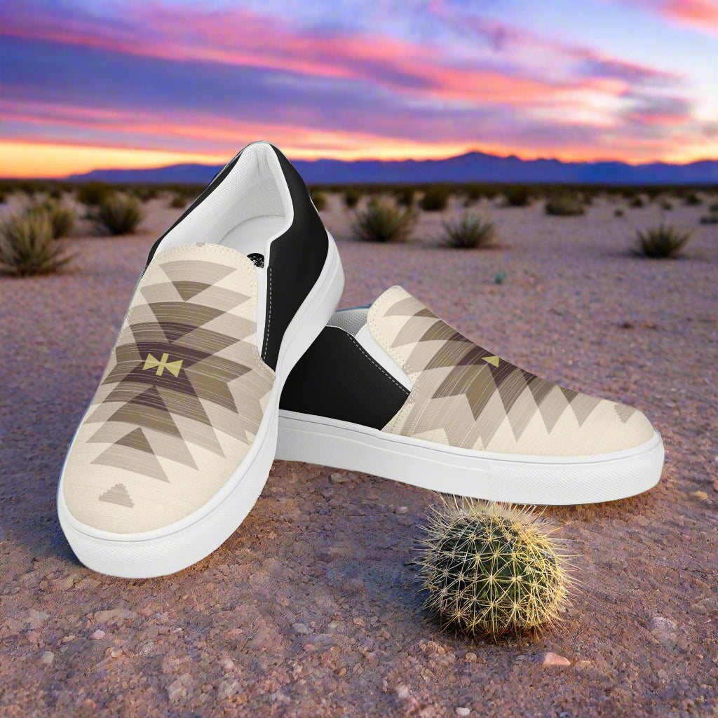 WildSage Market mens slip-on canvas shoes in beige and black with geometric pattern perfect for casual wear