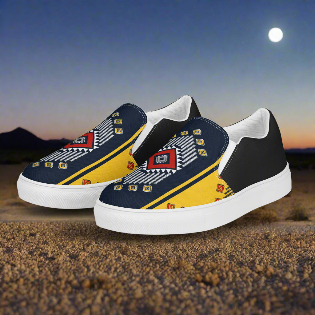 Men’s Southwest Print, Custom Slip-on Canvas Shoes, Native American Pattern, Kaibito Halftone