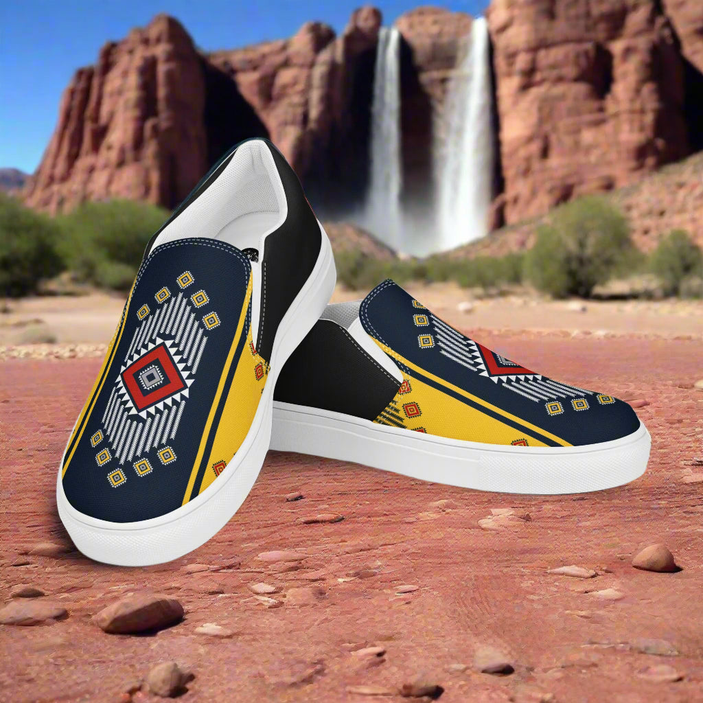 Men’s Southwest Print, Custom Slip-on Canvas Shoes, Native American Pattern, Kaibito Halftone