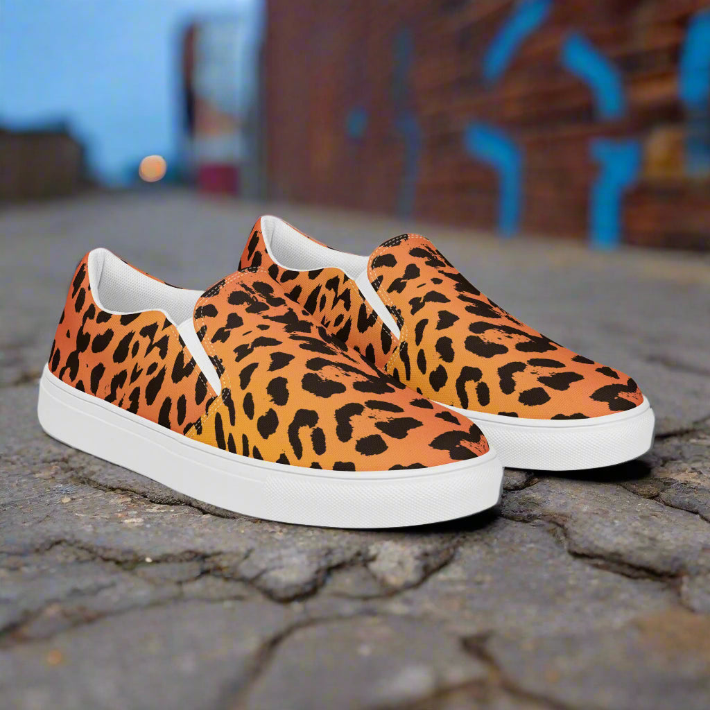 Men's custom slip on canvas shoes with a cheetah pattern animal print