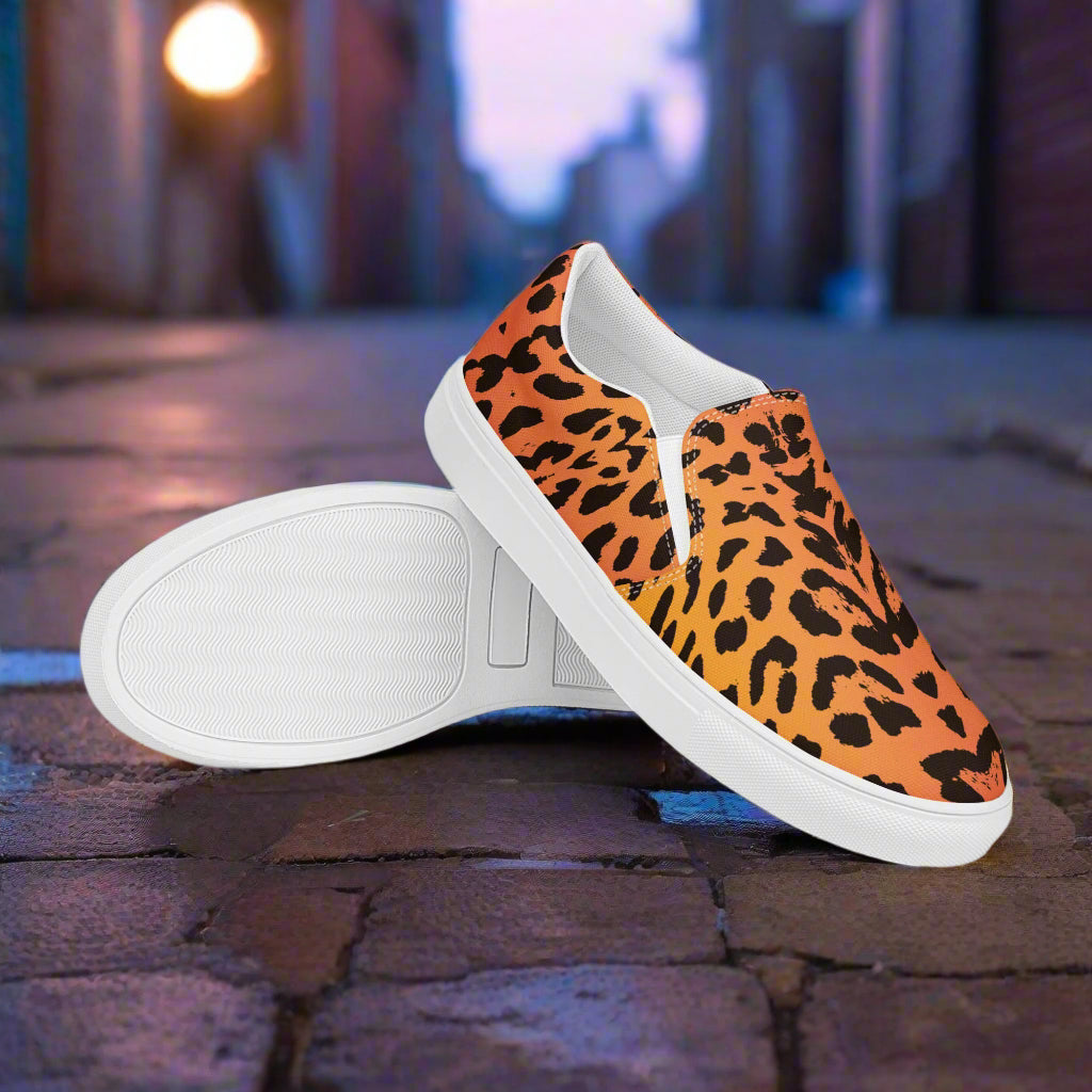 Men's custom slip on canvas shoes with a cheetah pattern animal print