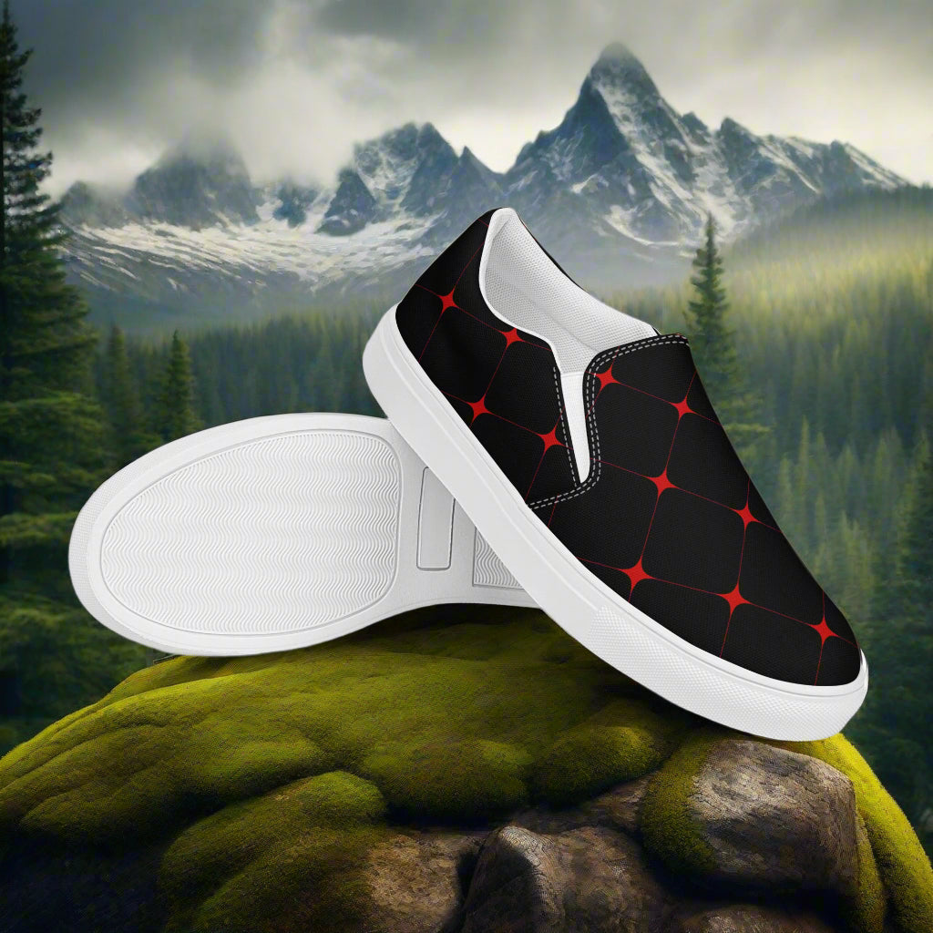 Men's custom black canvas slip on shoes with a red diamond geometric pattern