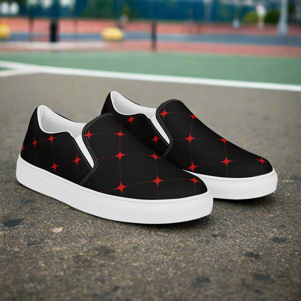 Men's custom black canvas slip on shoes with a red diamond geometric pattern