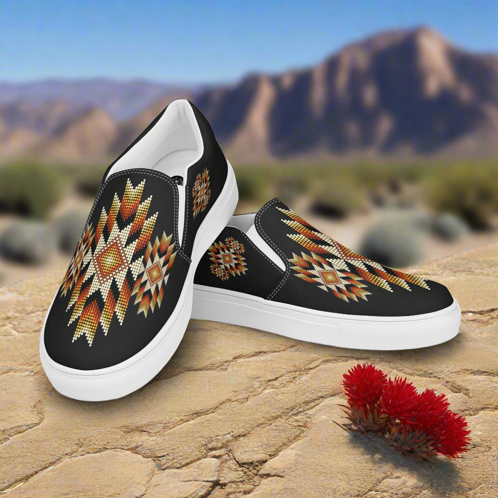 Mens Southwest pattern slip-on canvas shoes from WildSage Market with vibrant tribal design