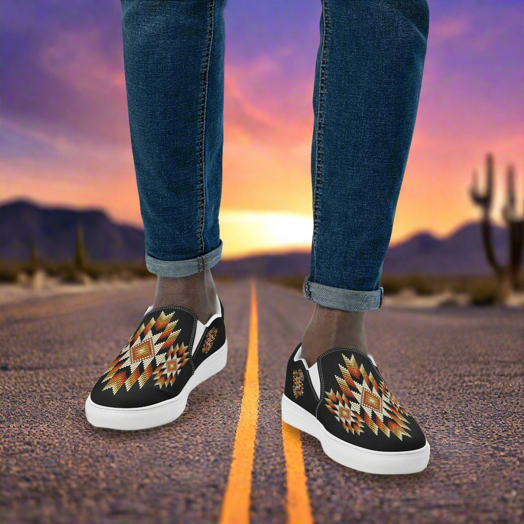 Mens Southwest pattern slip-on canvas shoes with vibrant design for casual summer wear