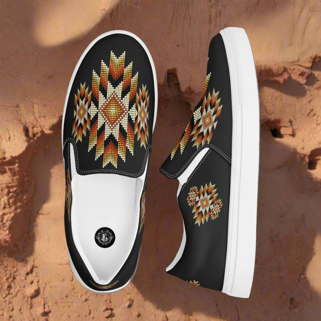 WildSage Market mens Southwest pattern slip-on canvas shoes featuring vibrant geometric designs