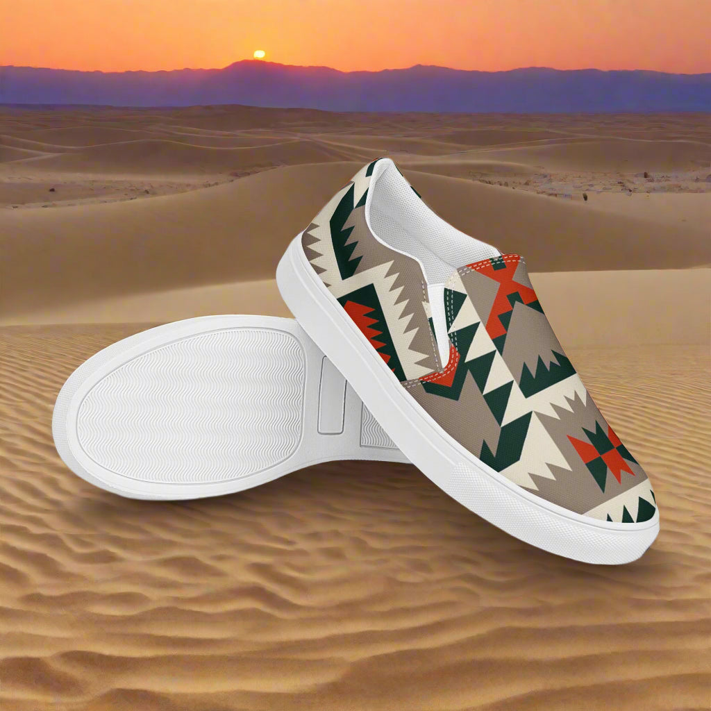 WildSage Market mens southwest slip-on canvas shoes Big Mesa with geometric pattern on desert background