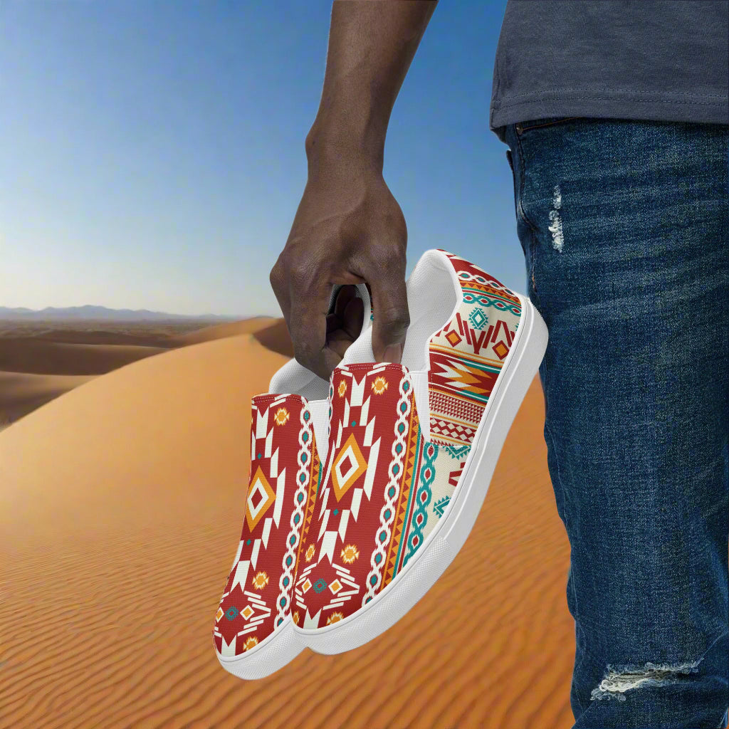 Mens Southwest slip-on canvas shoes in vibrant red and colorful patterns, perfect for casual wear