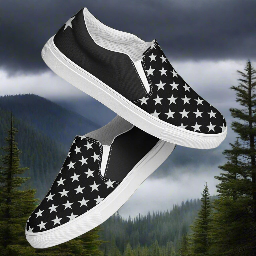 Mens star pattern slip-on canvas shoes in black featuring a stylish star design for casual wear