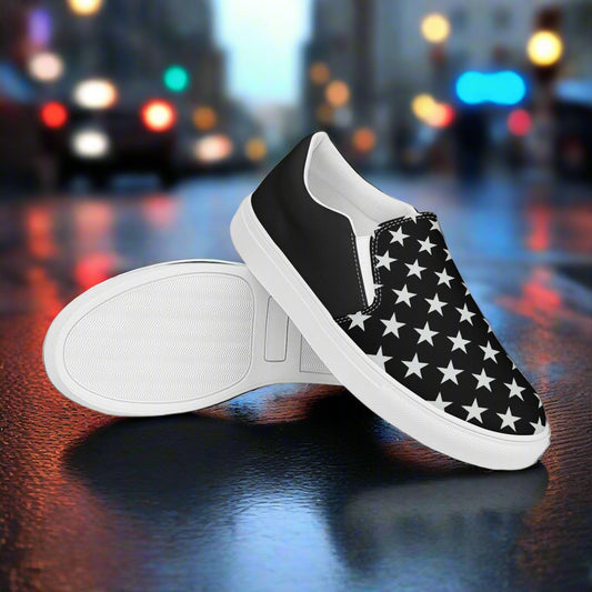 WildSage Market mens star pattern slip-on canvas shoes in black with stylish star design on a rainy street