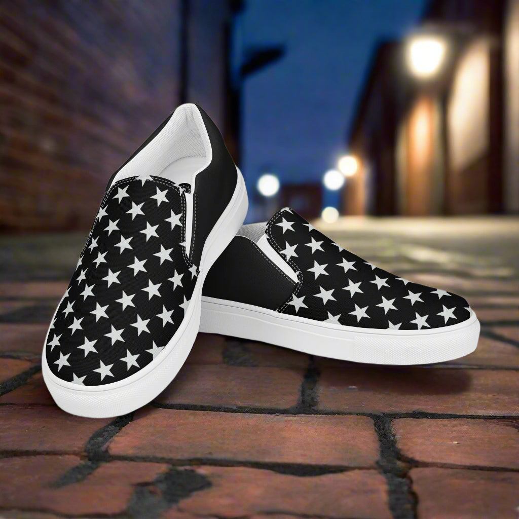 WildSage Market mens star pattern slip-on canvas shoes in black and white, perfect for casual outings