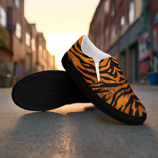 WildSage Market mens tiger print slip on shoes with black soles and orange black stripes design