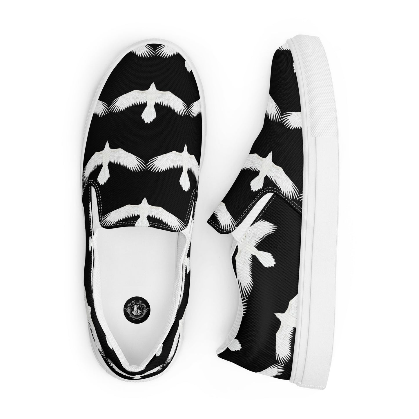 WildSage Market mens white raven print slip on shoes with black background and white raven design