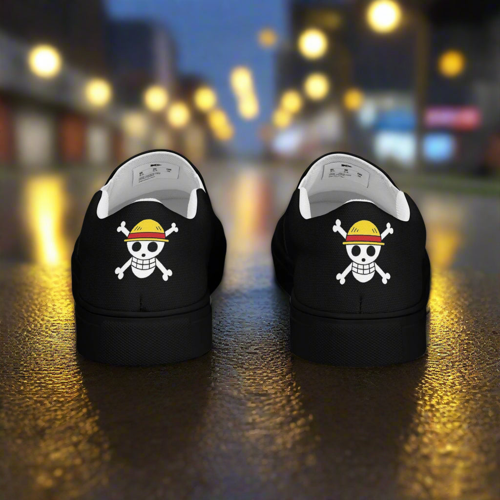 Monkey D Fluffy Slip-On Canvas Shoes in Black featuring a playful skull design on the heel