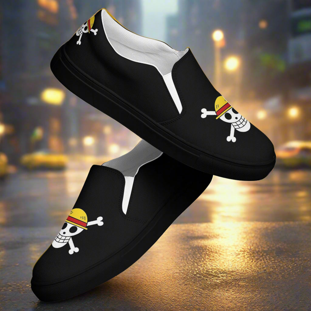 Monkey D Fluffy Slip-On Canvas Shoes in black featuring a playful skull design