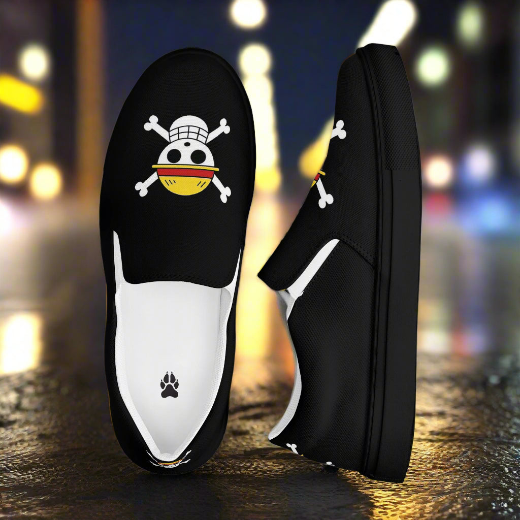 Monkey D Fluffy Slip-On Canvas Shoes in black featuring a playful skull and crossbones design