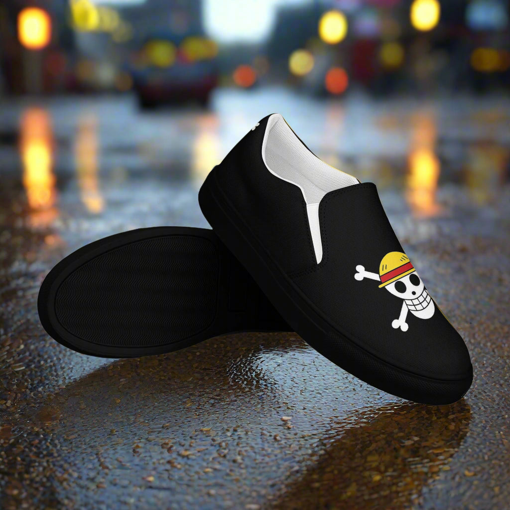 Monkey D Fluffy Slip-On Canvas Shoes in Black with Pirate Hat Design for Casual Style