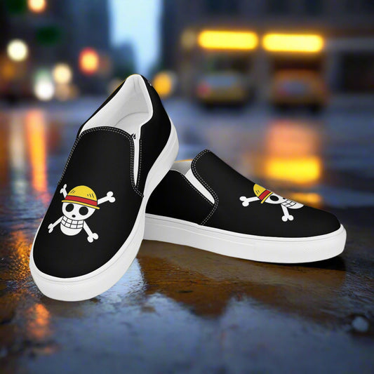 Monkey D Fluffy Slip-On Canvas Shoes in Black with Pirate Skull and Crossbones Design