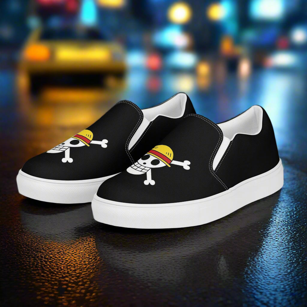 Monkey D Fluffy Slip-On Canvas Shoes featuring a playful skull design on a sleek black background