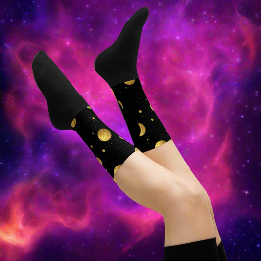 Moon and Stars Unisex Black Bottom Socks featuring a celestial design for stylish comfort