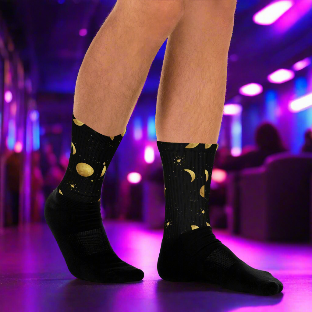 Moon and Stars Unisex Black Bottom Socks featuring a celestial pattern for comfort and style