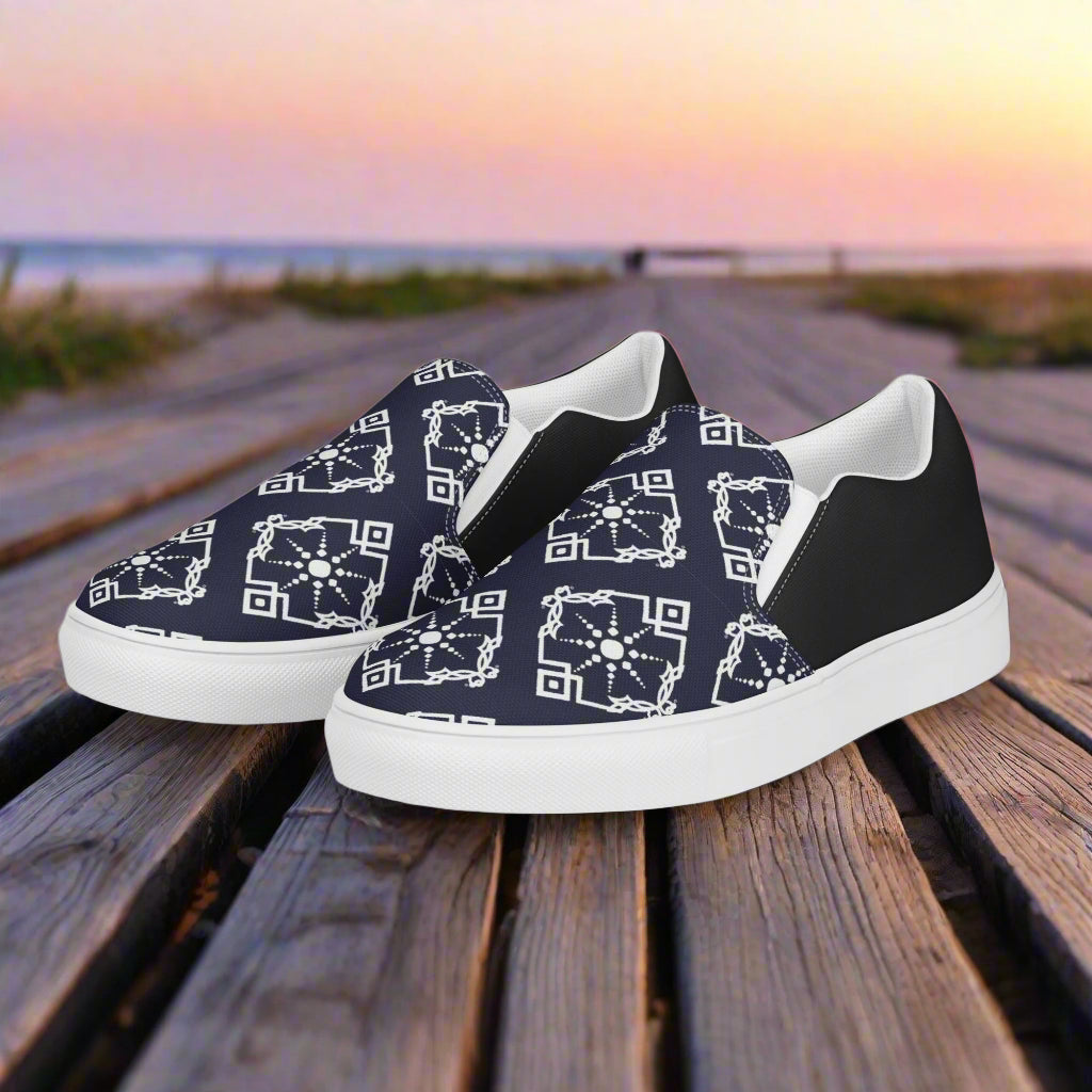 Moroccan Sun Halftone Slip-on Canvas Shoes featuring a stylish geometric design on a scenic backdrop