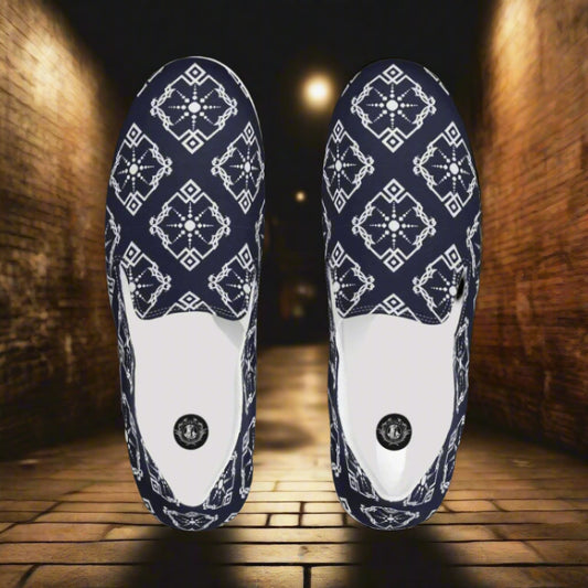 WildSage Market Moroccan Sun Slip-on Canvas Shoes with intricate navy pattern for casual wear