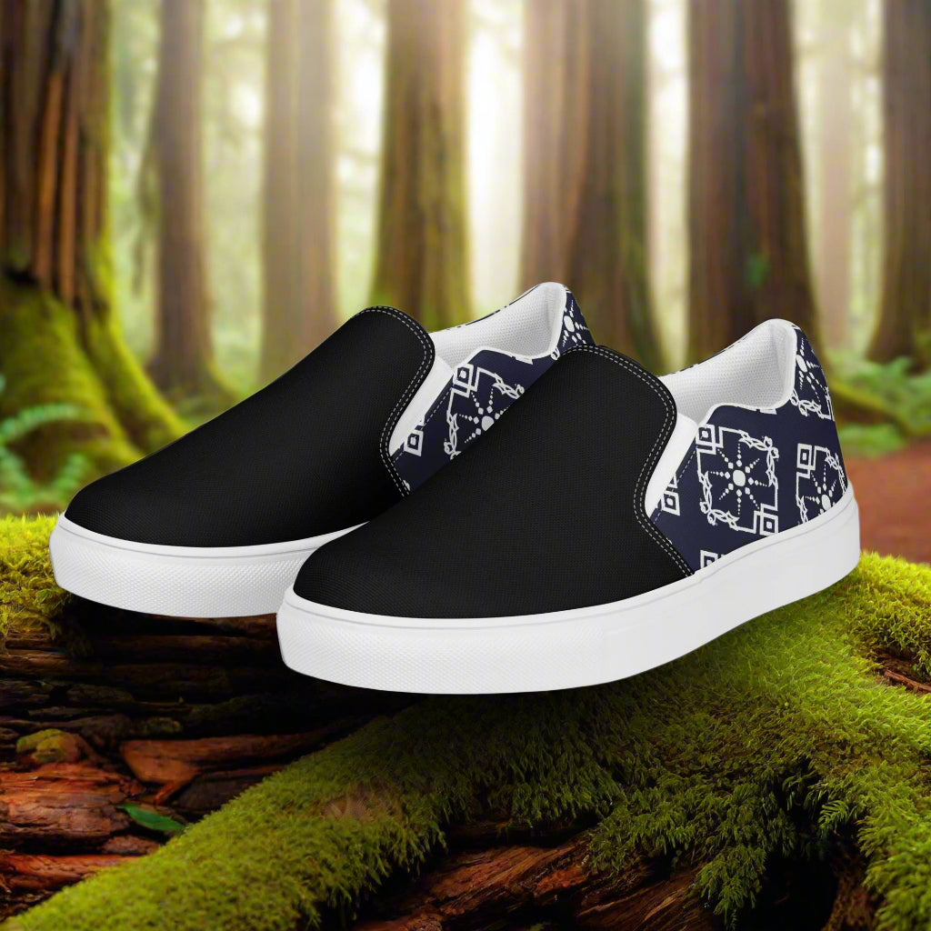 Moroccan Sun Two Tone Slip-on Canvas Shoes featuring a stylish black and patterned design for everyday comfort