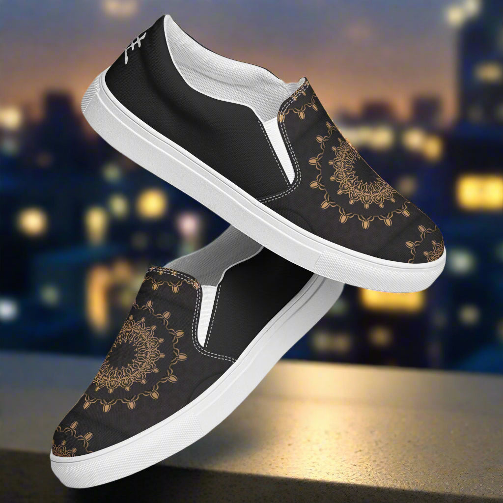 Morocco Halftone Slip-on Canvas Shoes featuring intricate mandala design on a black background