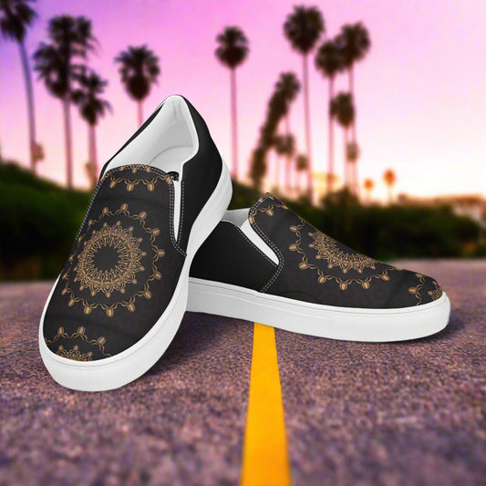 Morocco Halftone Slip-on Canvas Shoes featuring intricate gold patterns on a sleek black background