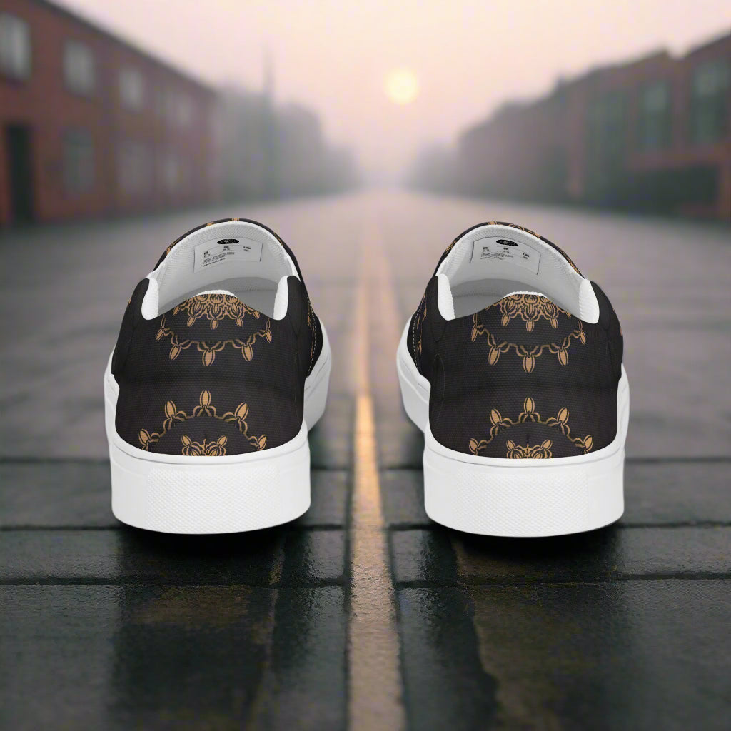 WildSage Market Morocco Slip-on Canvas Shoes with intricate gold pattern and comfortable design