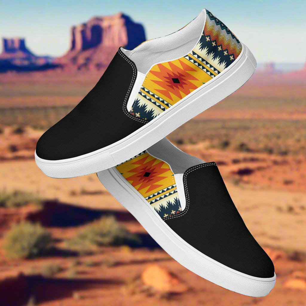 WildSage Market Slip-on Canvas Shoes Nakai Two Tone with vibrant tribal design on the side