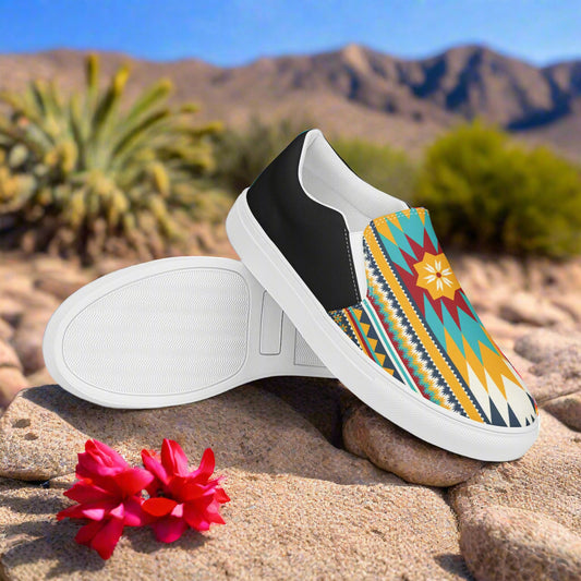Slip-on Canvas Shoes Nakona Halftone in vibrant tribal pattern with black accents, perfect for casual outings